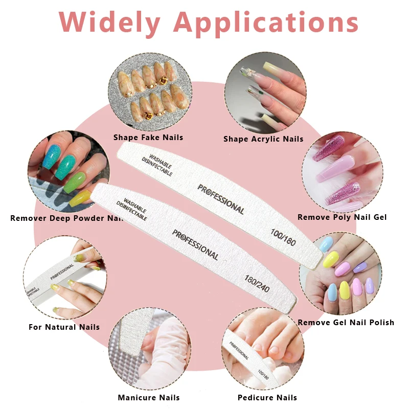 10pcs Wooden Nail Files Set Professional Double-Sided Emery Board Manicure Buffer Grey Boat Pedicure Buffers 100/180/240 Grit