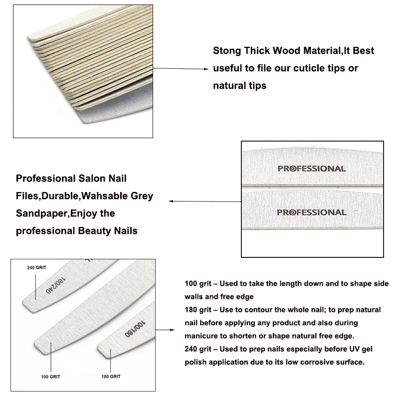 10pcs Wooden Nail Files Set Professional Double-Sided Emery Board Manicure Buffer Grey Boat Pedicure Buffers 100/180/240 Grit