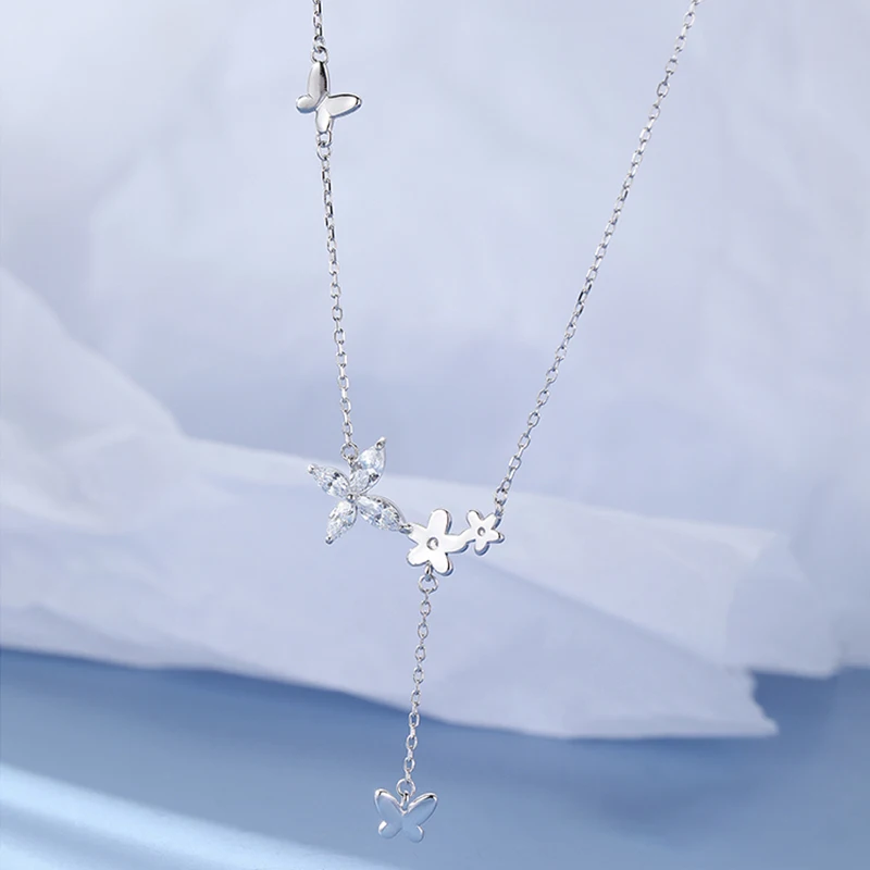 925 Sterling Silver Flower Necklace Female Simple Temperament Shiny Zircon Butterfly Tassel Clavicle Chain Wedding Jewelry Gift
