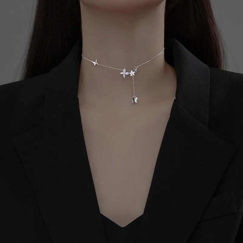 925 Sterling Silver Flower Necklace Female Simple Temperament Shiny Zircon Butterfly Tassel Clavicle Chain Wedding Jewelry Gift