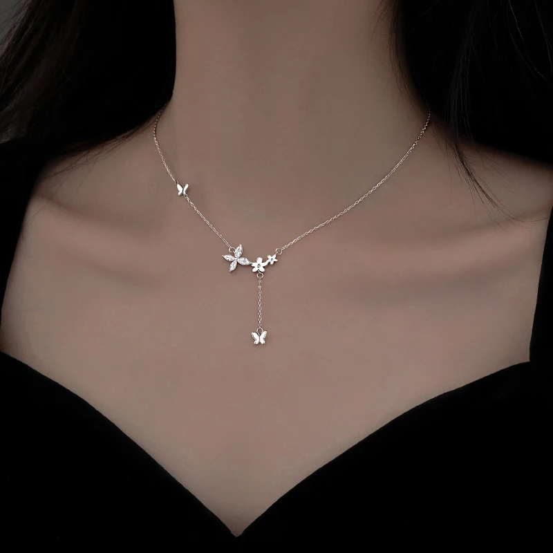 925 Sterling Silver Flower Necklace Female Simple Temperament Shiny Zircon Butterfly Tassel Clavicle Chain Wedding Jewelry Gift