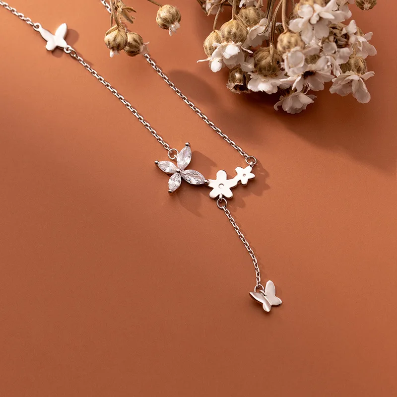 925 Sterling Silver Flower Necklace Female Simple Temperament Shiny Zircon Butterfly Tassel Clavicle Chain Wedding Jewelry Gift
