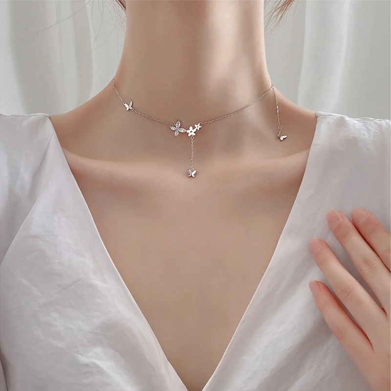 925 Sterling Silver Flower Necklace Female Simple Temperament Shiny Zircon Butterfly Tassel Clavicle Chain Wedding Jewelry Gift