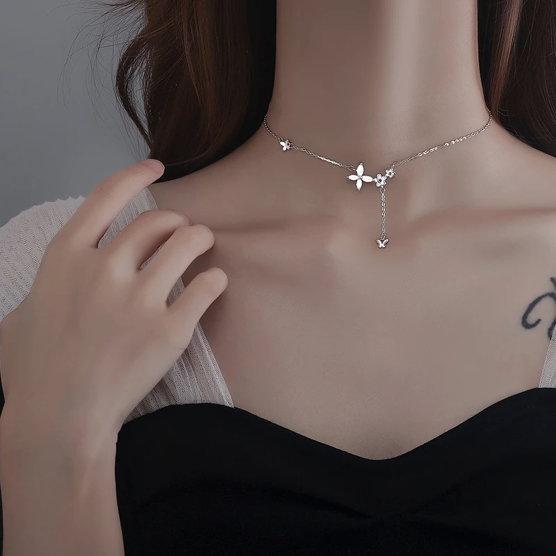 925 Sterling Silver Flower Necklace Female Simple Temperament Shiny Zircon Butterfly Tassel Clavicle Chain Wedding Jewelry Gift