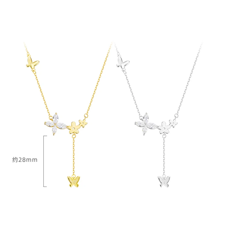 925 Sterling Silver Flower Necklace Female Simple Temperament Shiny Zircon Butterfly Tassel Clavicle Chain Wedding Jewelry Gift