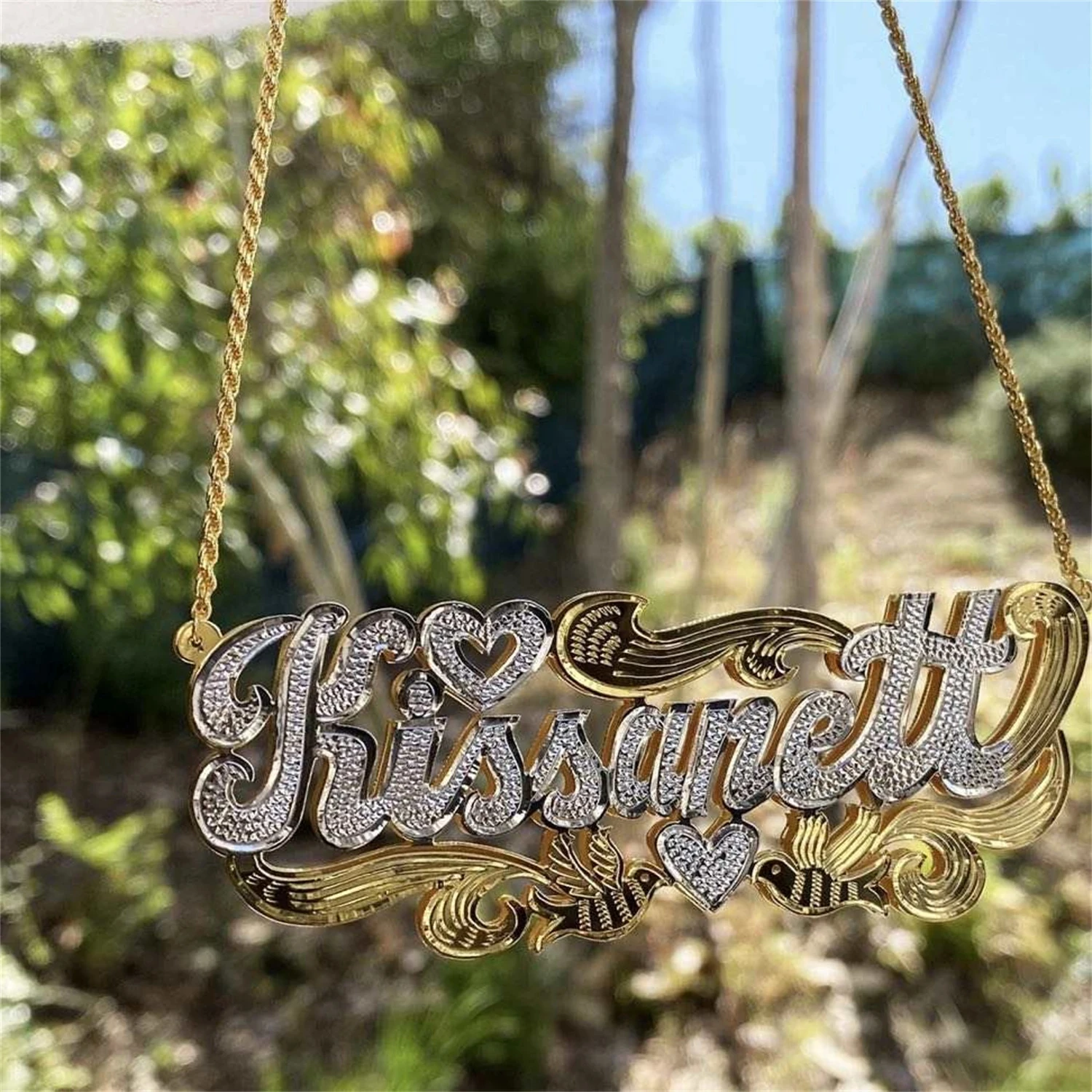 Zciti Custom Name Necklace 18K Gold Two Tone Gold Personalized Jewelry Stainless Steel Necklaces Double Plate 3D Nameplate Gift