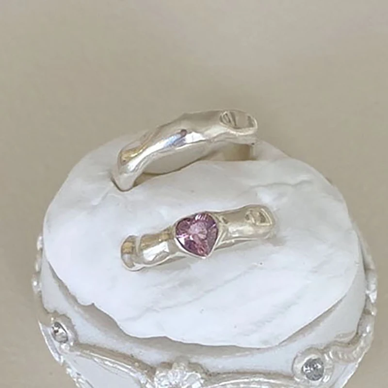 Foxanry Minimalist Silver Color Engagement Rings for Women New Trendy Elegant Pink Zircons LOVE Heart Wedding Party Jewelry Gift