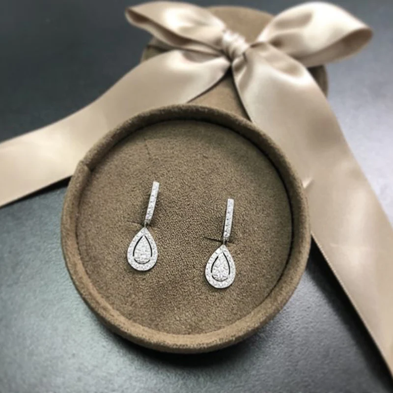 Huitan Silver Color Pear Shaped Drop Earrings for Women Full Paved White Cubic Zirconia Delicate Lady Earrings Statement Jewelry