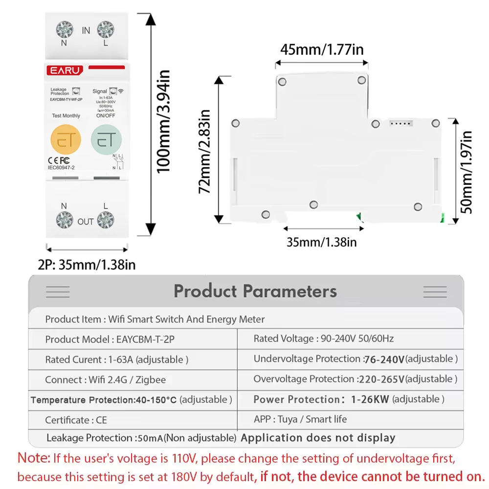2P TUYA APP Zigbee WIFI Smart Energy Power Consumption KWh Meter Circuit Breaker Time Relay Switch Leakage Voltage Protection