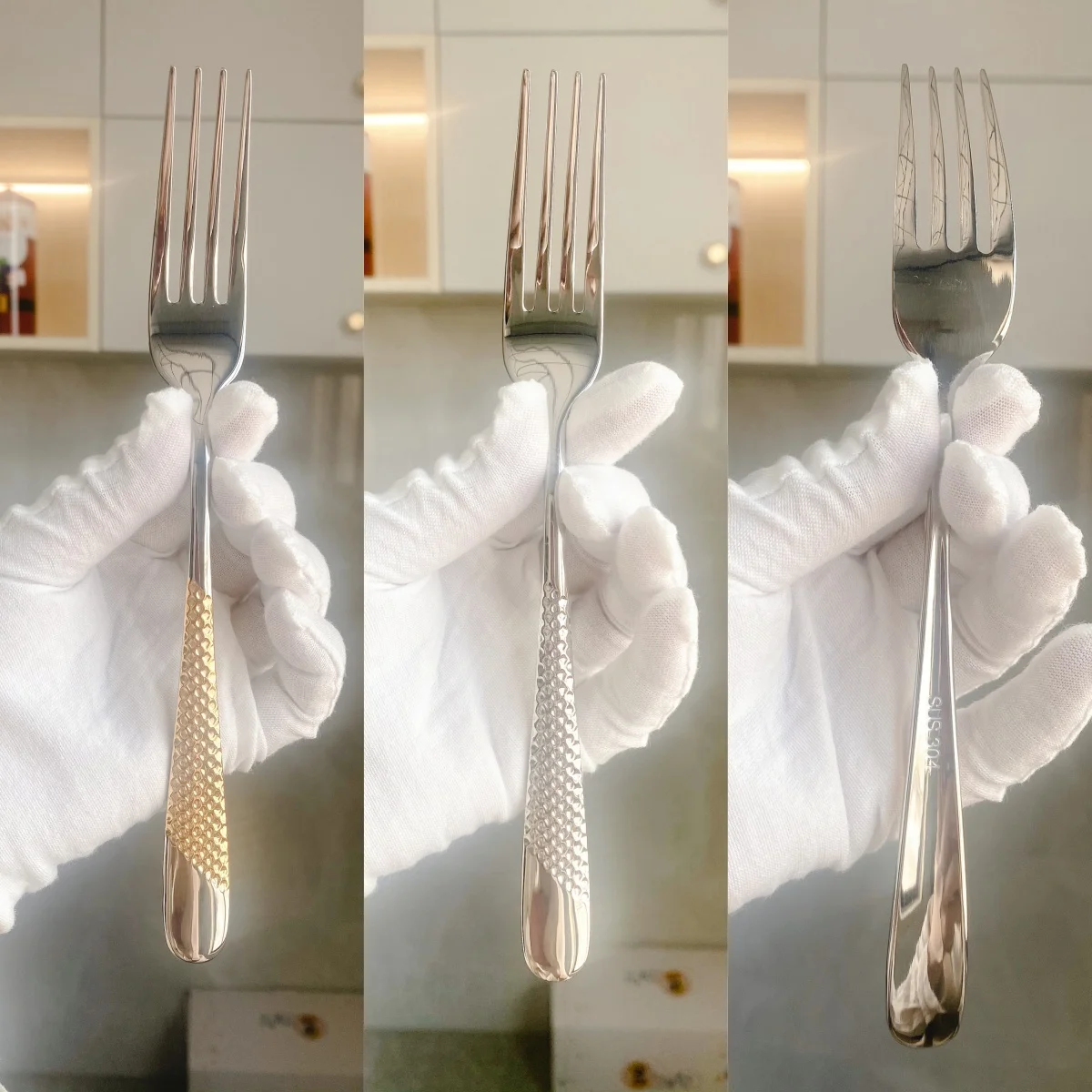 7.95“ Food Grade Stainless Steel 304 Gold Plated Dinner Forks Set Dishwasher Safe Salad Fork Table Fork Set With Hammered Handl