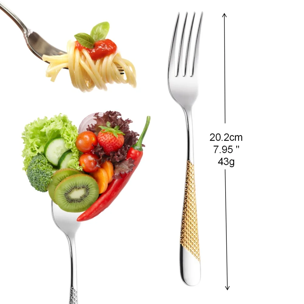 7.95“ Food Grade Stainless Steel 304 Gold Plated Dinner Forks Set Dishwasher Safe Salad Fork Table Fork Set With Hammered Handl