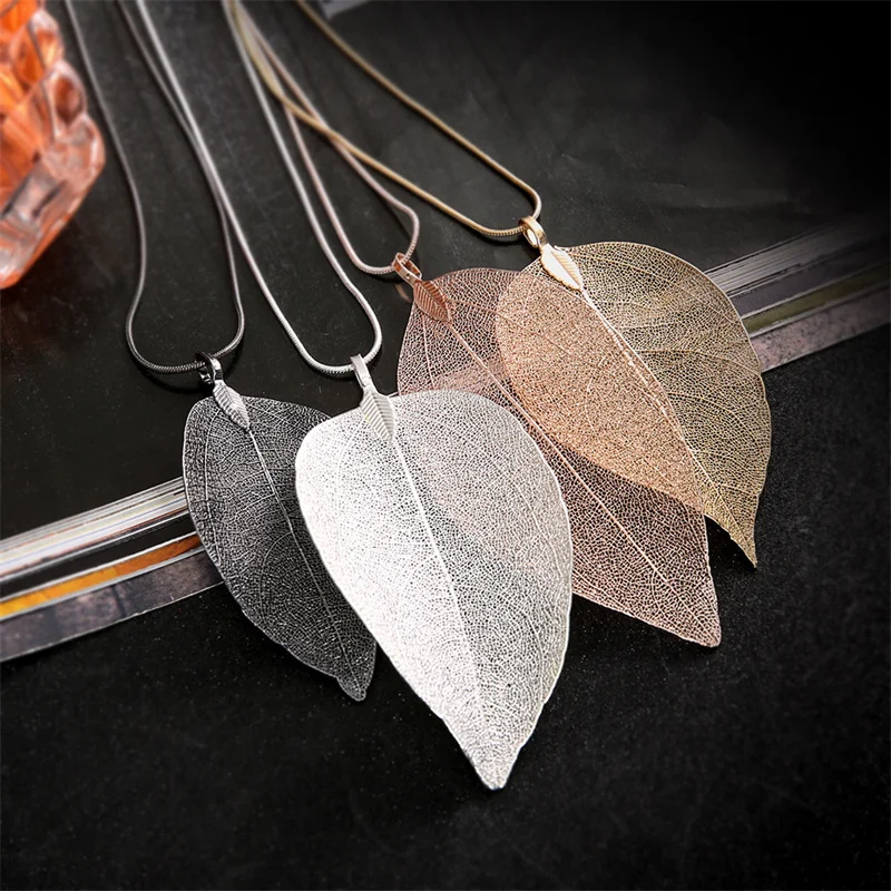 Silver Color Simple Punk Leaves p\Pendant Long Style Necklace For Women Girl Trendy Fashion Exquisite Jewelry Accessories Gifts
