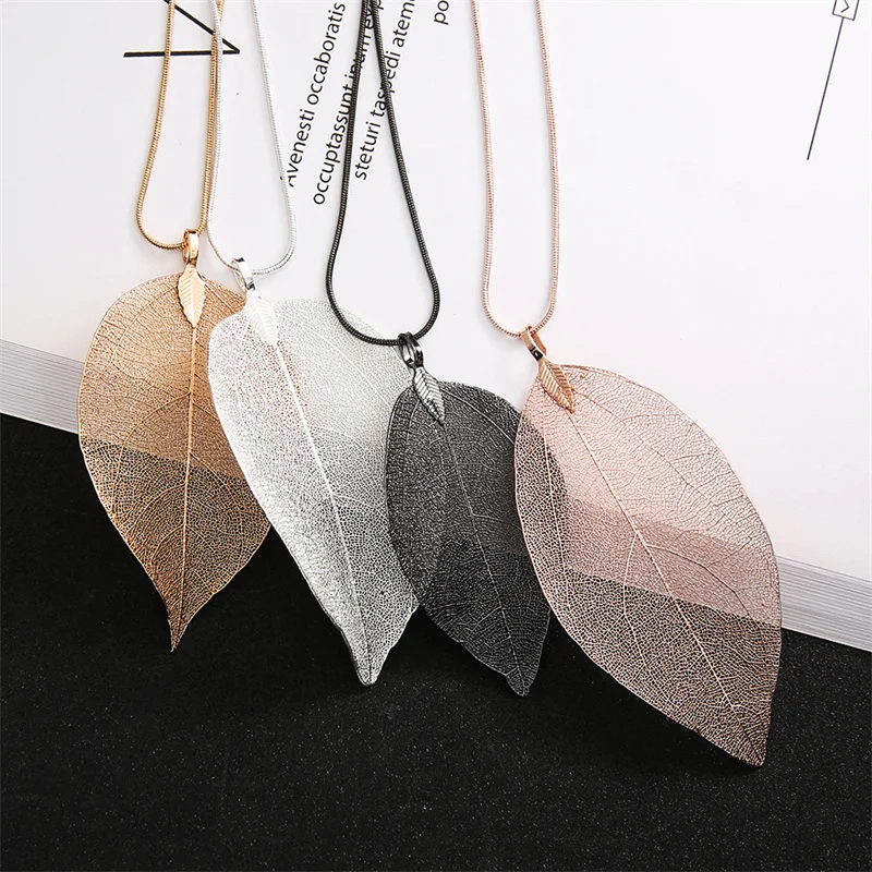 Silver Color Simple Punk Leaves p\Pendant Long Style Necklace For Women Girl Trendy Fashion Exquisite Jewelry Accessories Gifts