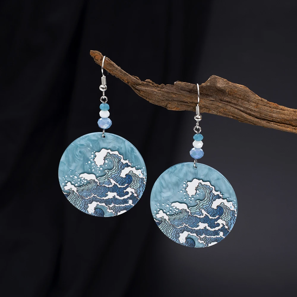 Fashion Beach Vacation Style Geometric Round Blue Waves Acrylic Earrings For Women Elegant Casual Charming Ladies Party Jewelry