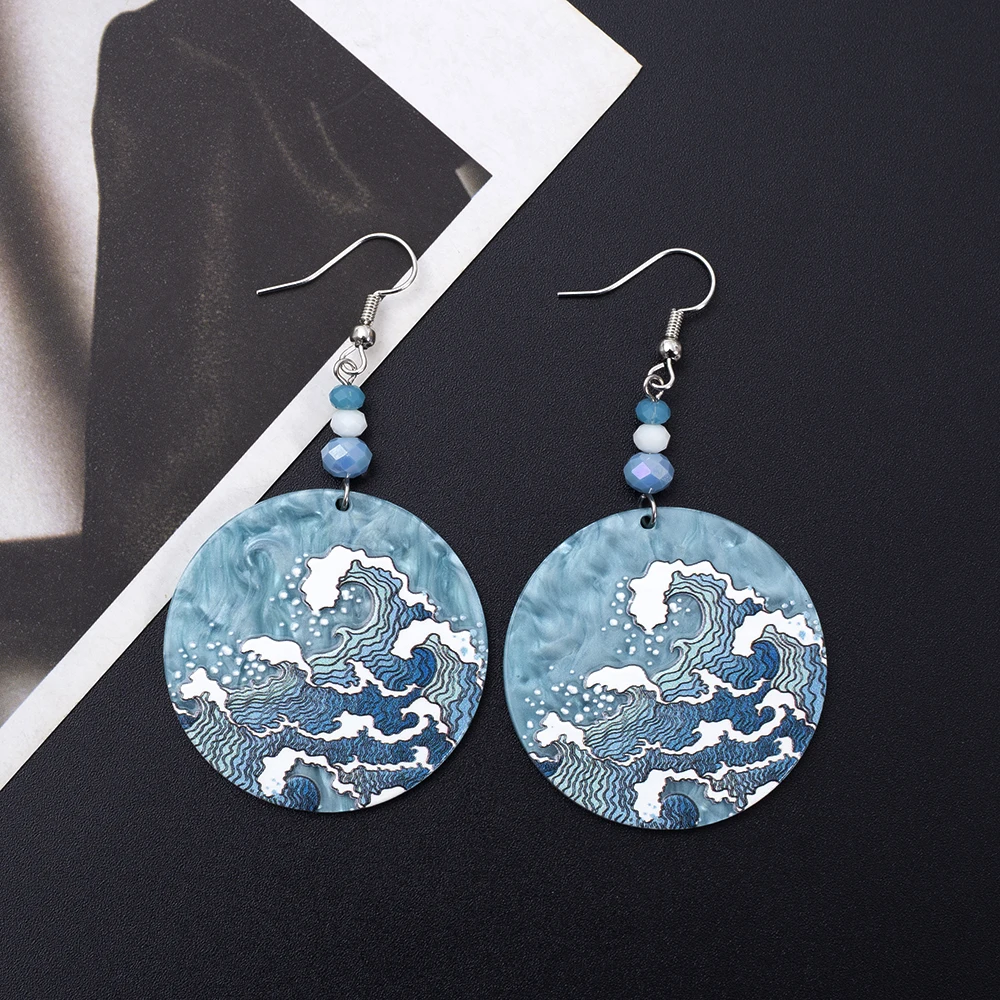 Fashion Beach Vacation Style Geometric Round Blue Waves Acrylic Earrings For Women Elegant Casual Charming Ladies Party Jewelry