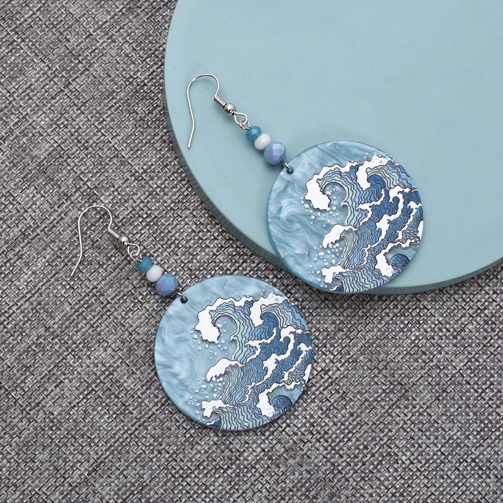 Fashion Beach Vacation Style Geometric Round Blue Waves Acrylic Earrings For Women Elegant Casual Charming Ladies Party Jewelry
