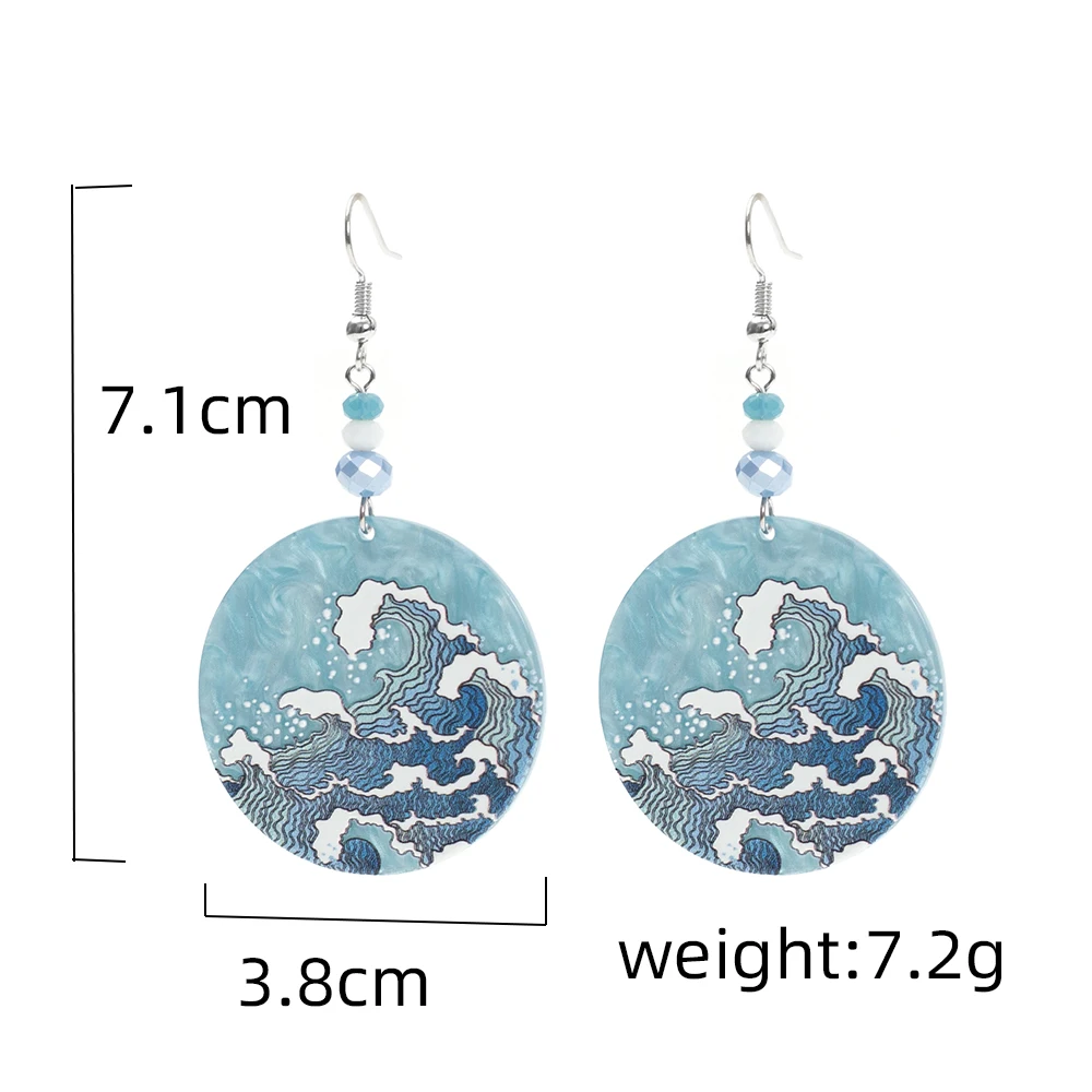 Fashion Beach Vacation Style Geometric Round Blue Waves Acrylic Earrings For Women Elegant Casual Charming Ladies Party Jewelry