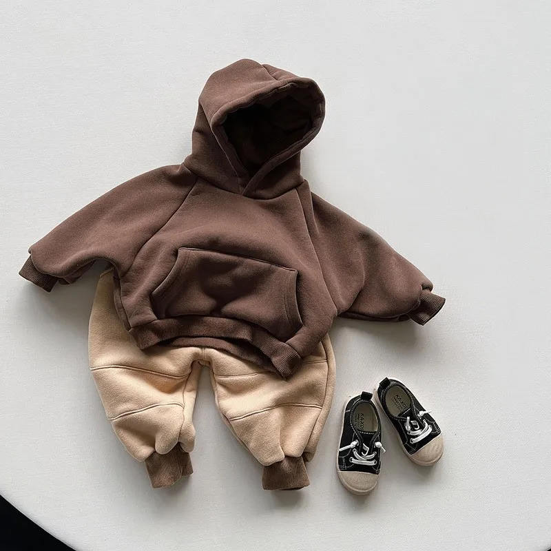 2024 Winter Fleece Solid Hoodies Baby Boys Casual Loose Pocket All-match Hooded Top Girls Simple Thick Pullover Cotton Clothes