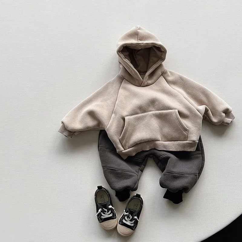 2024 Winter Fleece Solid Hoodies Baby Boys Casual Loose Pocket All-match Hooded Top Girls Simple Thick Pullover Cotton Clothes
