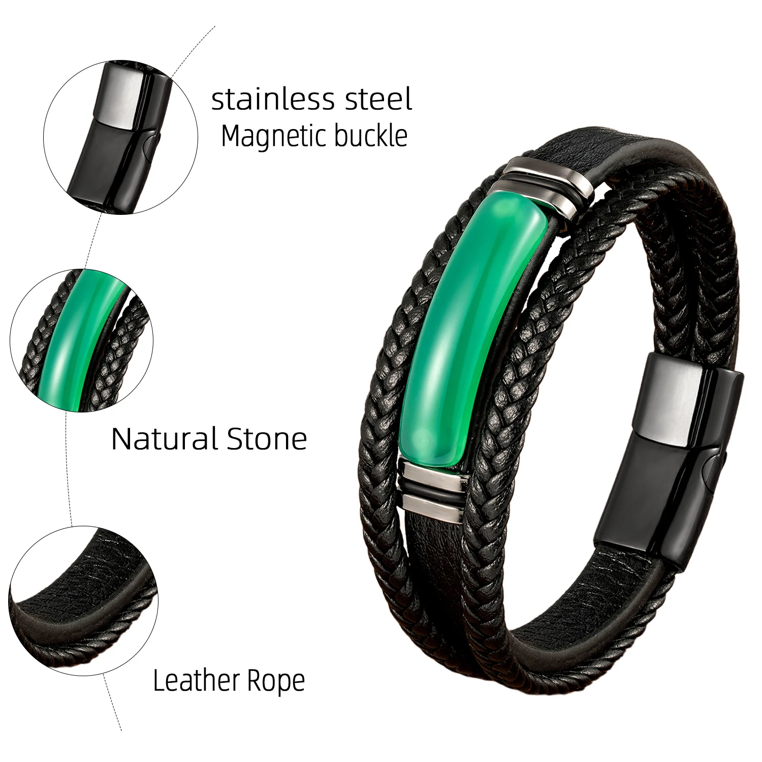 Natural Tiger Eye Stone Charm Bracelet Multilayer Braided Leather Rope Men's Bracelet Bangles Stainless Steel Jewelry Accessory