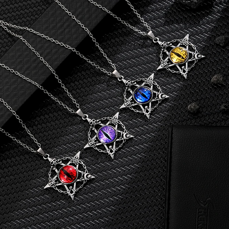 Punk Devil's Eye Pendant Necklace For Men And Women Round Pentagram Shape Non Adjustable Metal Collar Jewelry Accessories Gifts