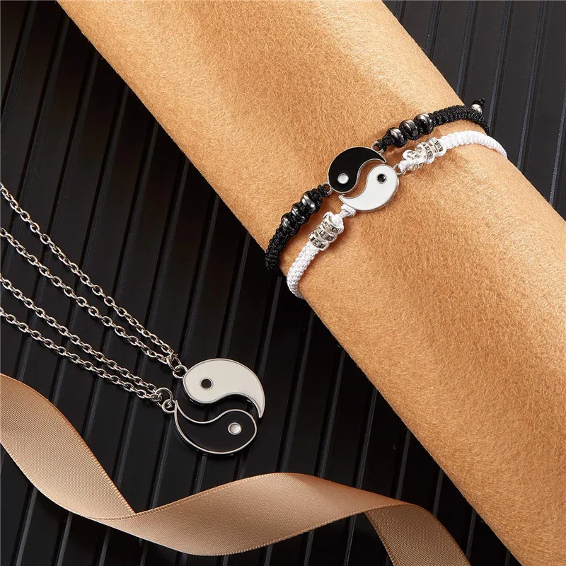 Wu 2022 New Jewelry Alloy Tai Chi Woven Bracelet Eight Eight Yin and Yang Pendant Stitching Necklace Hand Woven Rope Jewelry Set