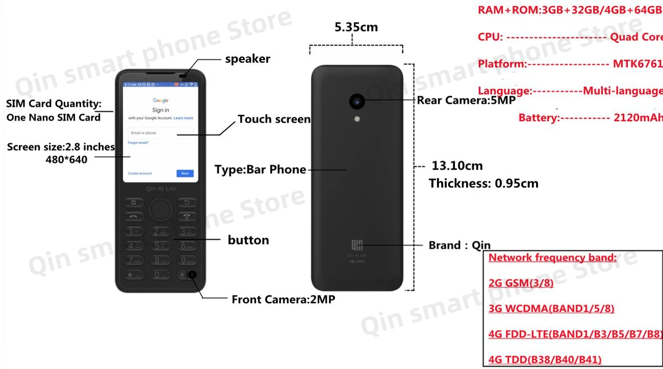 Hebrew Key Qin F21pro Google Play Android11,Touch Screen2.8Inch,3GB/32GB,4GB/64GB
