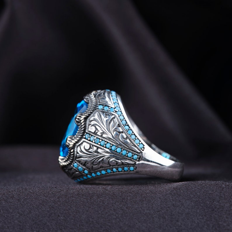 Retro Handmade Turkish Rings for Men Vintage Metal Silver Color Inlaid Blue Zircon Punk Ring Muslim Jewelry