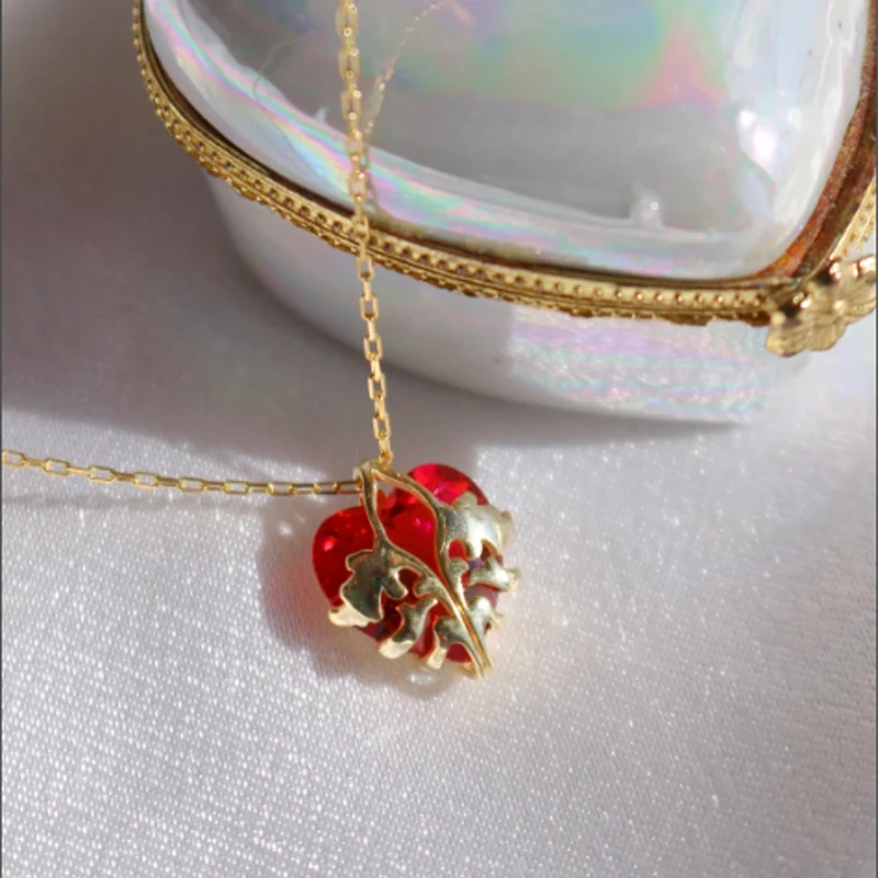 Bloom Heart Necklace, Jewelry For Woman Girl, Romantic Party Wedding Accessories, Red Peach Heart Pendant, Gold Plated,Choker