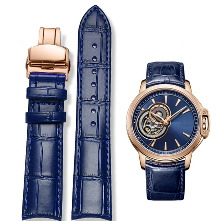 20mm 21mm 22mm Curved End Cowhide Leather Watchband for Rossini Arc Watch Band Strap 8633 617793 5793 5726 616725/5715/6713 Blue