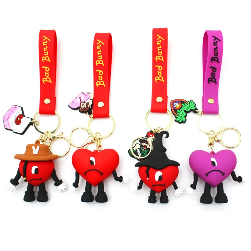 Fashion 3D Cute Bad Bunny Heart Keychain Keyring For Women Men Rubber Car Keychain Keyfob Trinket Bag Pendant Accessories