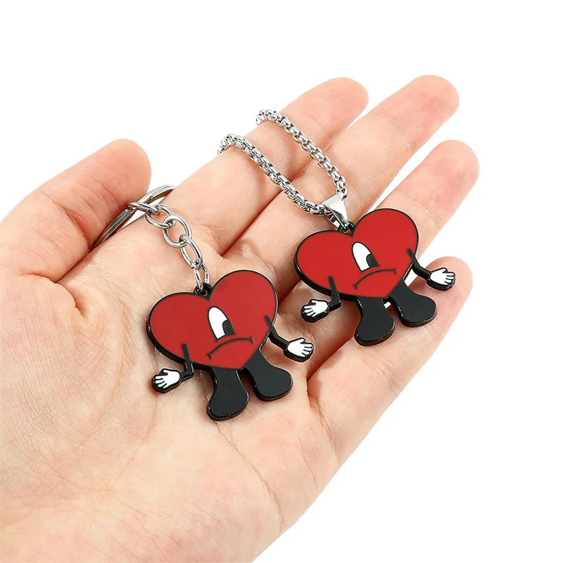 Fashion 3D Cute Bad Bunny Heart Keychain Keyring For Women Men Rubber Car Keychain Keyfob Trinket Bag Pendant Accessories