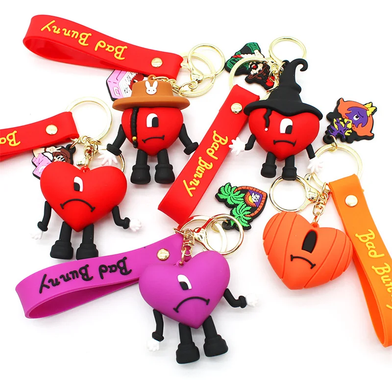 Fashion 3D Cute Bad Bunny Heart Keychain Keyring For Women Men Rubber Car Keychain Keyfob Trinket Bag Pendant Accessories