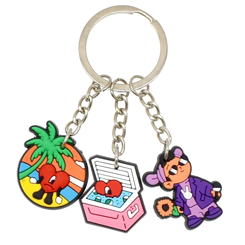 Fashion 3D Cute Bad Bunny Heart Keychain Keyring For Women Men Rubber Car Keychain Keyfob Trinket Bag Pendant Accessories