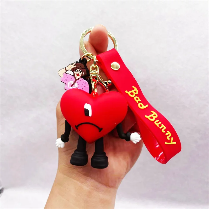 Fashion 3D Cute Bad Bunny Heart Keychain Keyring For Women Men Rubber Car Keychain Keyfob Trinket Bag Pendant Accessories