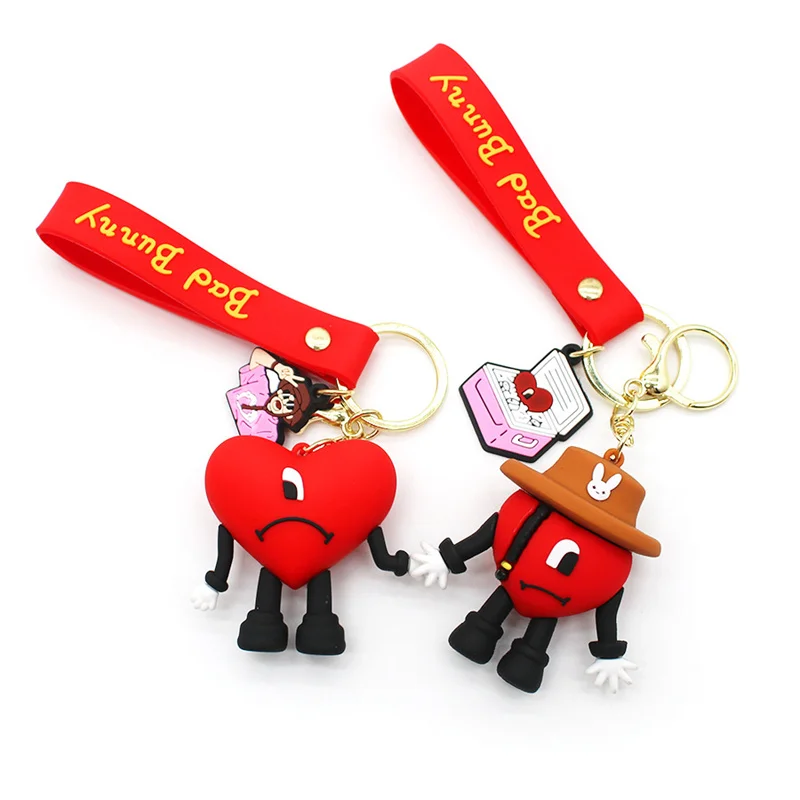 Fashion 3D Cute Bad Bunny Heart Keychain Keyring For Women Men Rubber Car Keychain Keyfob Trinket Bag Pendant Accessories