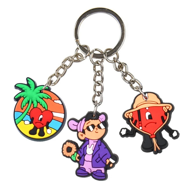 Fashion 3D Cute Bad Bunny Heart Keychain Keyring For Women Men Rubber Car Keychain Keyfob Trinket Bag Pendant Accessories