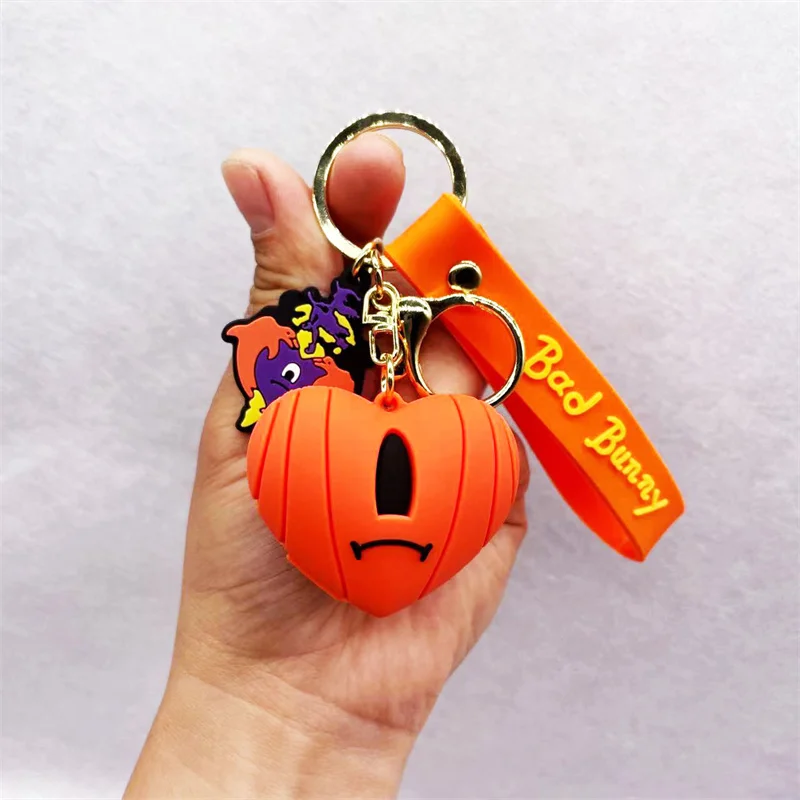 Fashion 3D Cute Bad Bunny Heart Keychain Keyring For Women Men Rubber Car Keychain Keyfob Trinket Bag Pendant Accessories