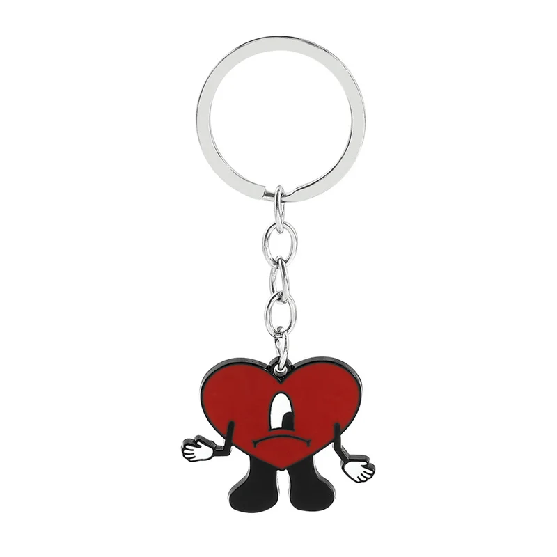 Fashion 3D Cute Bad Bunny Heart Keychain Keyring For Women Men Rubber Car Keychain Keyfob Trinket Bag Pendant Accessories