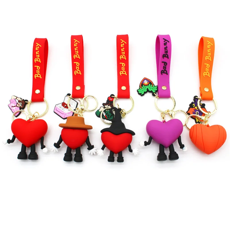 Fashion 3D Cute Bad Bunny Heart Keychain Keyring For Women Men Rubber Car Keychain Keyfob Trinket Bag Pendant Accessories