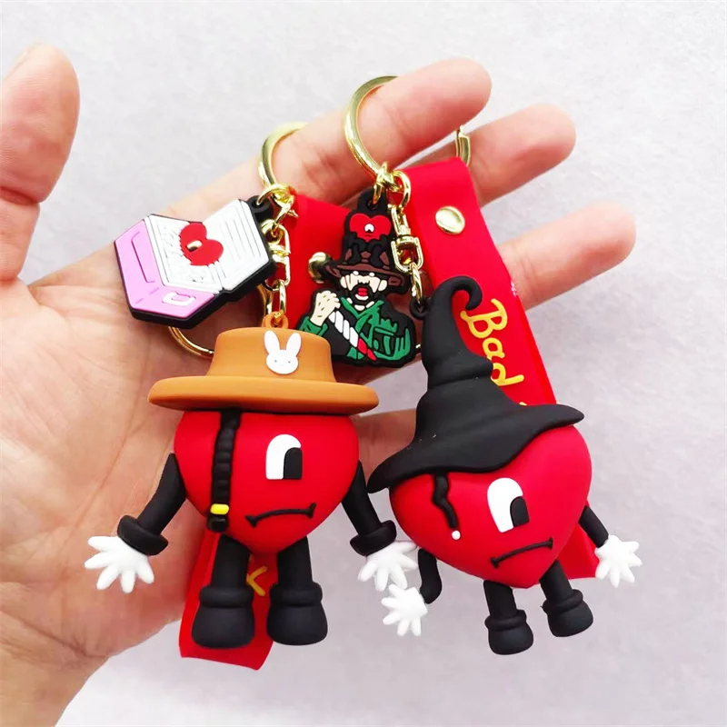 Fashion 3D Cute Bad Bunny Heart Keychain Keyring For Women Men Rubber Car Keychain Keyfob Trinket Bag Pendant Accessories