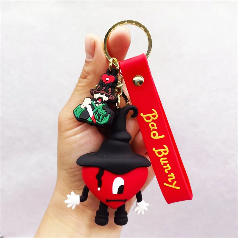 Fashion 3D Cute Bad Bunny Heart Keychain Keyring For Women Men Rubber Car Keychain Keyfob Trinket Bag Pendant Accessories