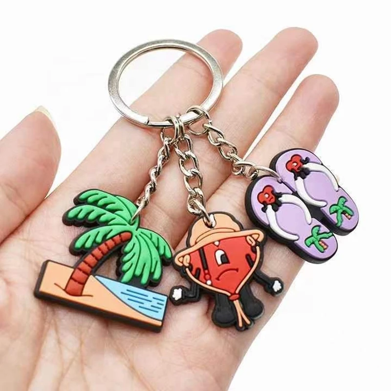 Fashion 3D Cute Bad Bunny Heart Keychain Keyring For Women Men Rubber Car Keychain Keyfob Trinket Bag Pendant Accessories