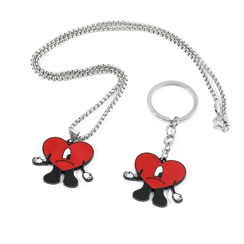 Fashion 3D Cute Bad Bunny Heart Keychain Keyring For Women Men Rubber Car Keychain Keyfob Trinket Bag Pendant Accessories