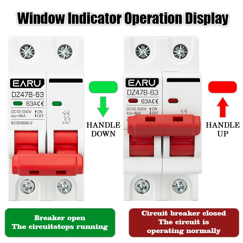 1P 2P DC MCB 12V 24V 48V 60V 110V Circuit Breaker Battery Protect Switch Positive Negative Short Circuit 6A 16A 20A 32A 63A 125A