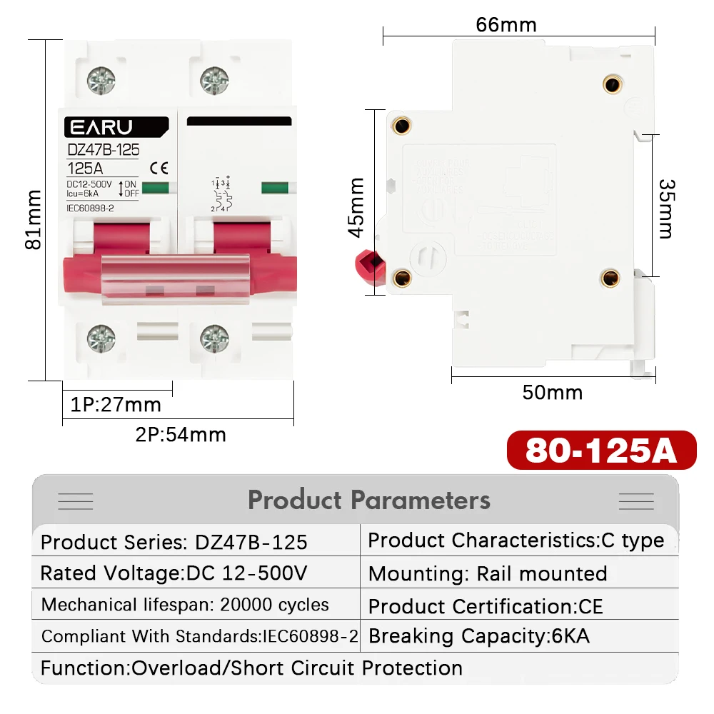 1P 2P DC MCB 12V 24V 48V 60V 110V Circuit Breaker Battery Protect Switch Positive Negative Short Circuit 6A 16A 20A 32A 63A 125A