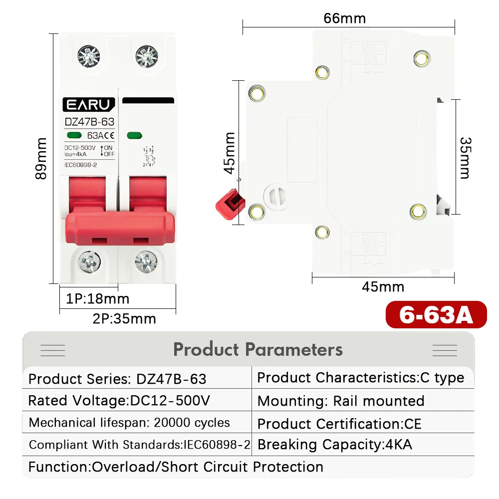 1P 2P DC MCB 12V 24V 48V 60V 110V Circuit Breaker Battery Protect Switch Positive Negative Short Circuit 6A 16A 20A 32A 63A 125A