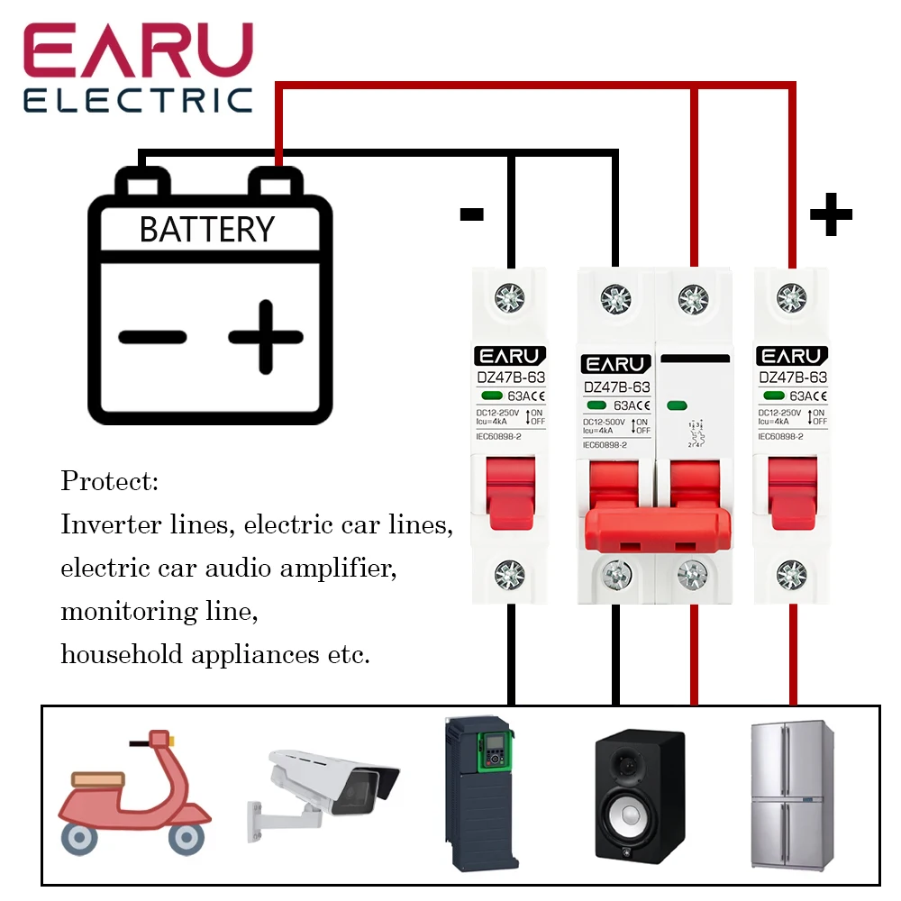 1P 2P DC MCB 12V 24V 48V 60V 110V Circuit Breaker Battery Protect Switch Positive Negative Short Circuit 6A 16A 20A 32A 63A 125A