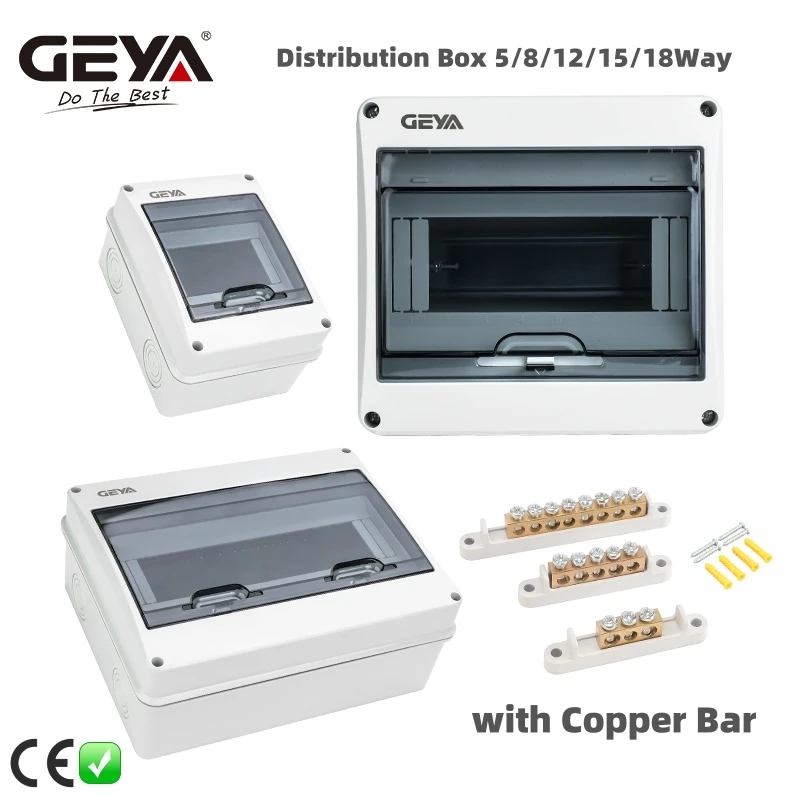 GEYA 5/8/12/15/18Ways Waterproof Electrical Distribution Box with Copper Bar Circuit Breaker MCB Power Plastic Junction Wire Box