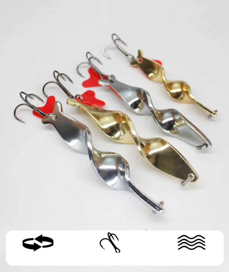 1PC Trolling Spinning Spiral Long Cast Spoons Fishing Lure Spinner 10g 14g 21g 28g Screw Rotation Metal Jigbait Red Hear Sequins